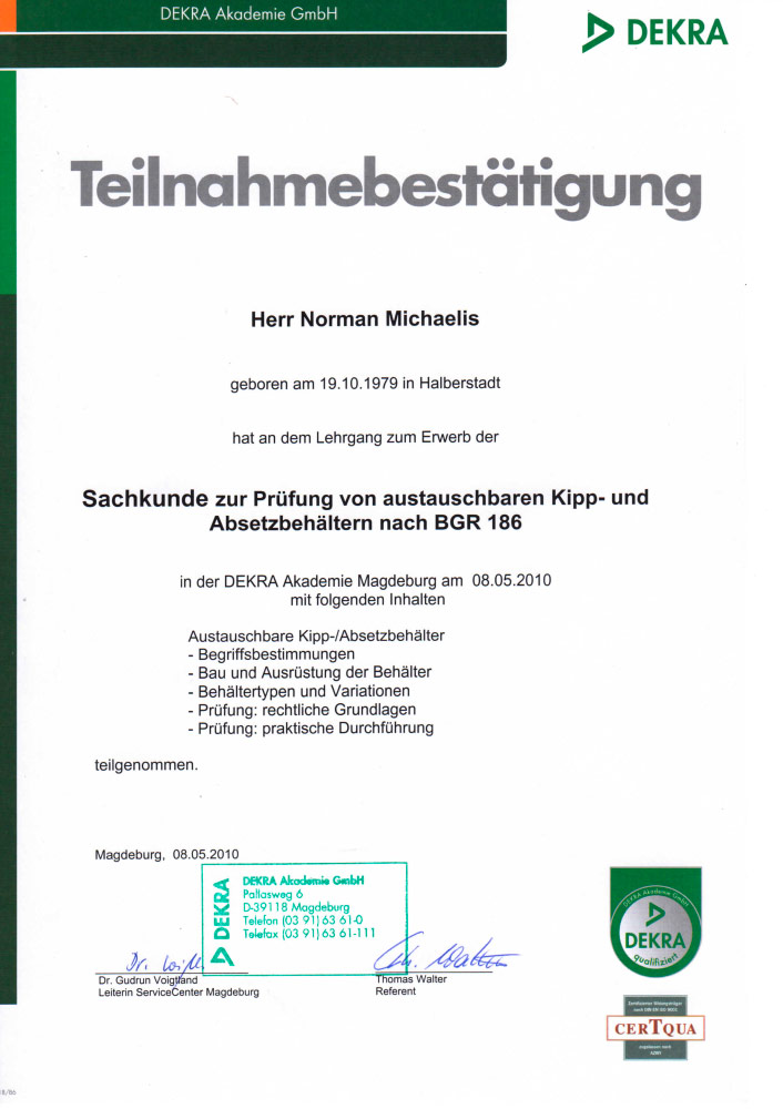 DEKRA - Prüfung von austauschbaren Kipp- und Absetzbehältern DEKRA - Prüfung von austauschbaren Kipp- und Absetzbehältern