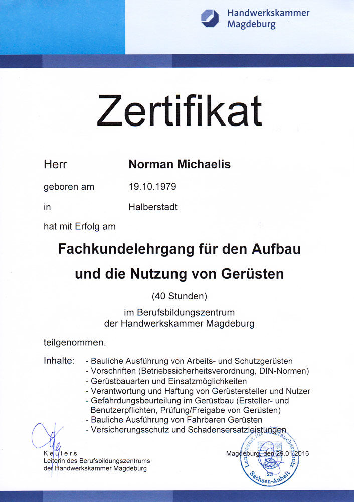 HWK Magdeburg - Aufbau und Nutzung von Gerüsten HWK Magdeburg - Aufbau und Nutzung von Gerüsten