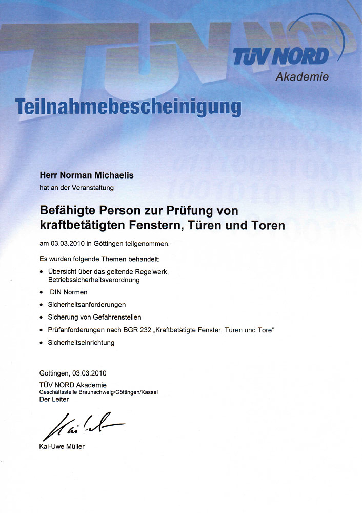 TÜV Nord Akademie - Prüfung von kraftbetätigten Fenstern, Türen, Toren TÜV Nord Akademie - Prüfung von kraftbetätigten Fenstern, Türen, Toren